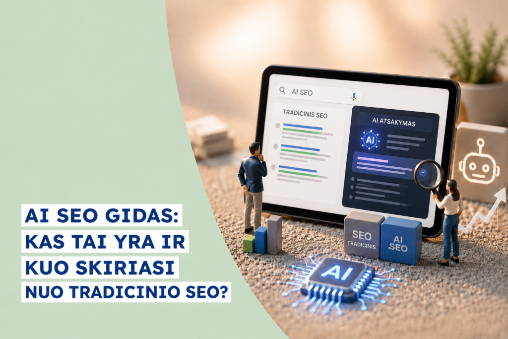 AI SEO gido iliustracija, lyginanti tradicinį SEO ir AI atsakymus paieškoje.
