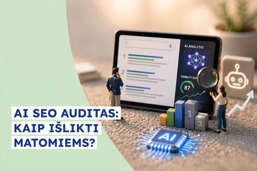 AI SEO auditas thumbnail su punktais kas įeina nuo citavimo iki konkurentų matomumo matavimo LLM įrankiuose